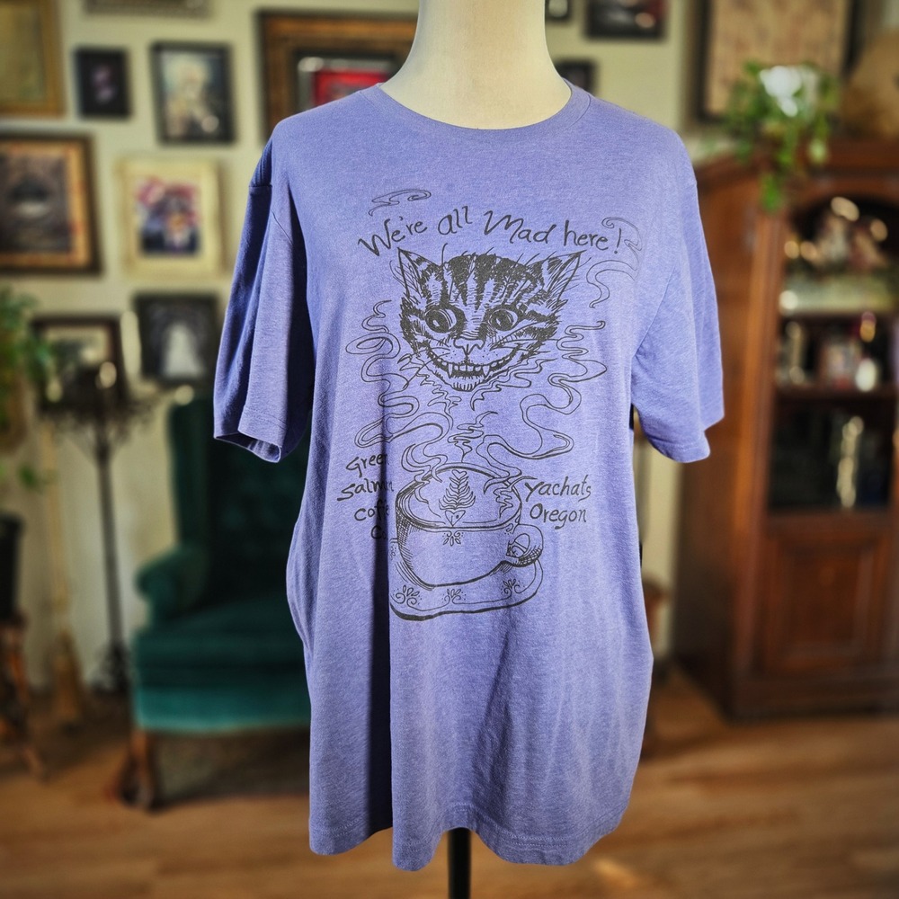 Green Salmon Coffee Co Shirt Yachats Oregon Cheshire Cat Purple Canvas XL Tee